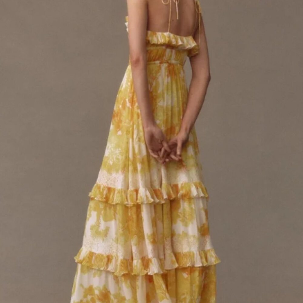 BHLDN Ava Chiffon Yellow Floral High-Neck Ruffled Maxi Dress - NWT! - Picture 3 of 10